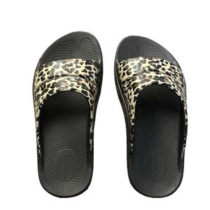 OOFOS Leopard Print Slide Sandals - Black and Tan